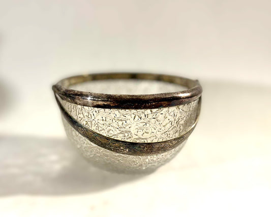 Beautiful old sugar bowl made of cracked glass and with silver plated rim and handle
