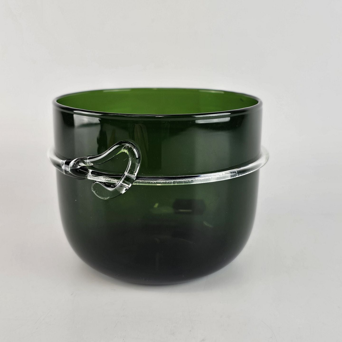 Beautiful Planter in green transparent glass, with a thread of white glass, 1976