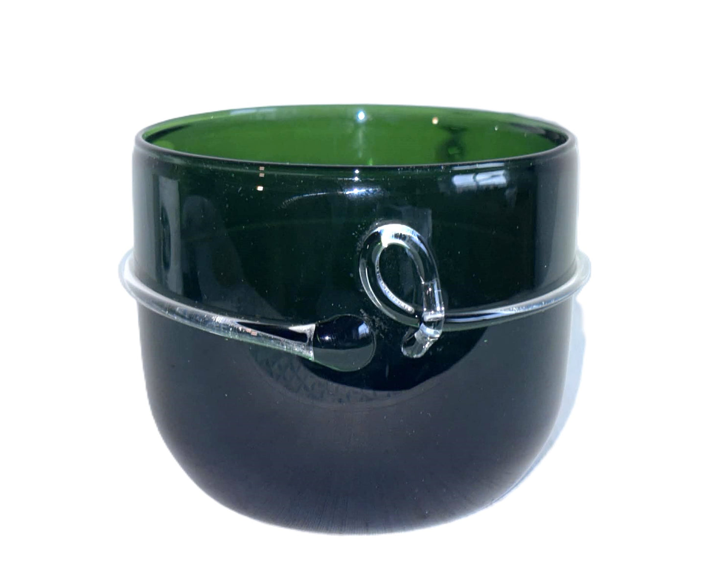 Beautiful Planter in green transparent glass, with a thread of white glass, 1976