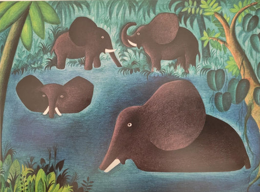 2 flotte indrammede offset tryk af Hans Scherfig - Badende Elefanter 1975 og 7 Giraffer 1964