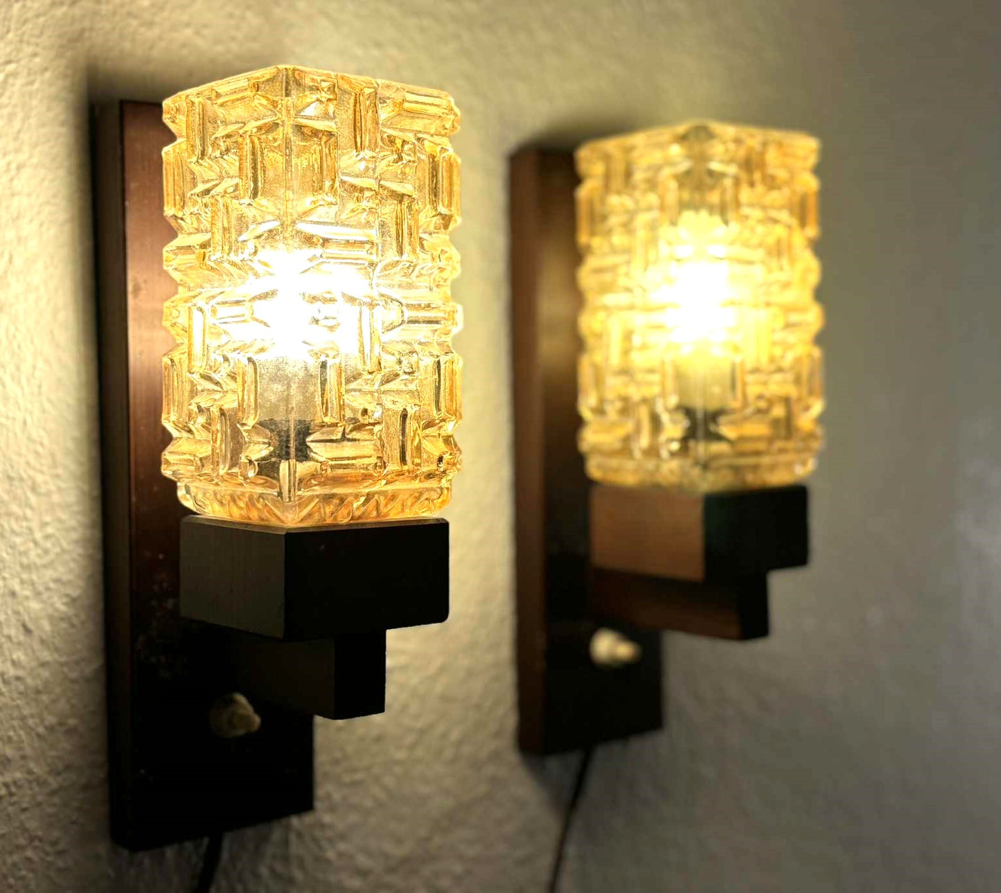 Vitrika Denmark, stained Pine wood and glass sconce set, mid-century Danish