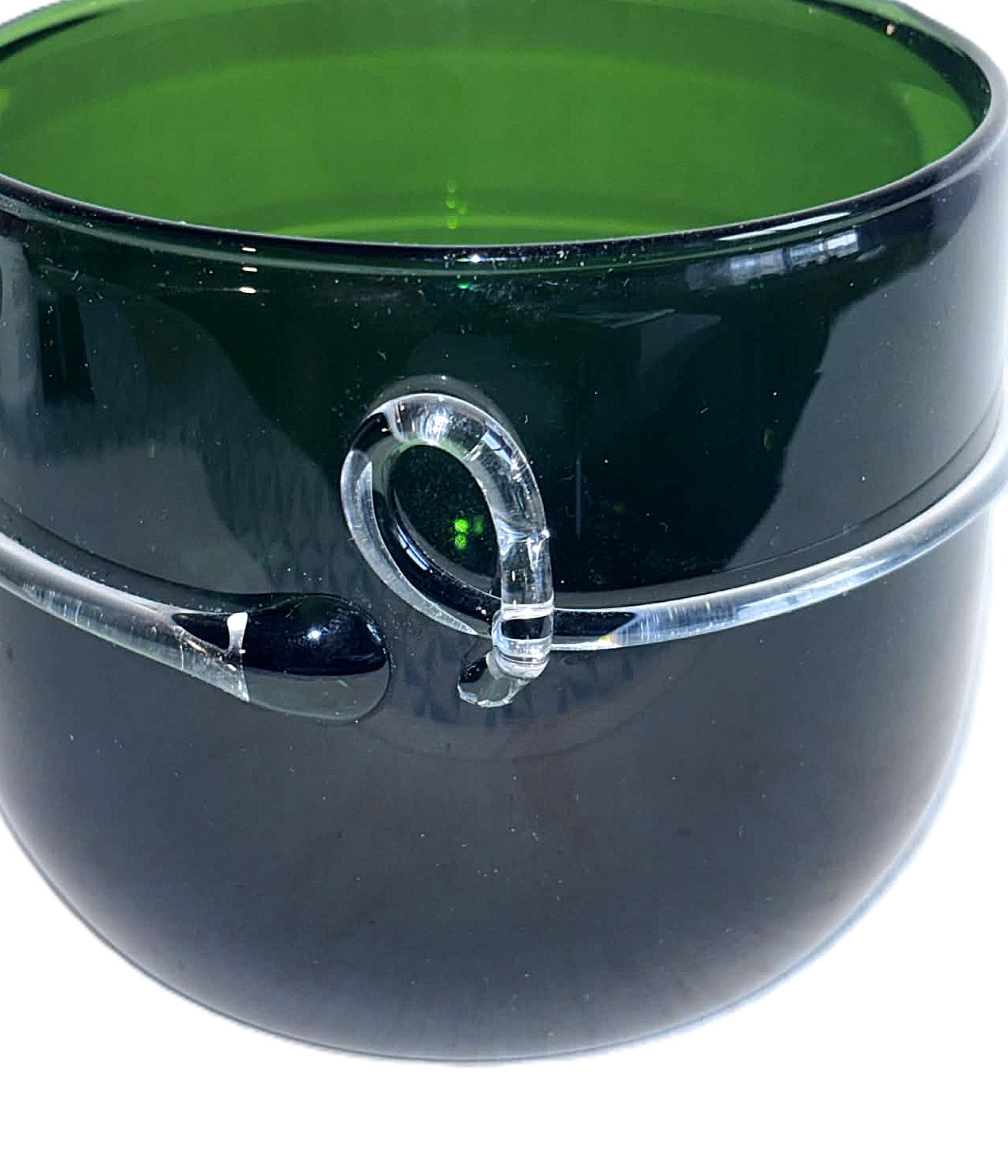 Beautiful Planter in green transparent glass, with a thread of white glass, 1976