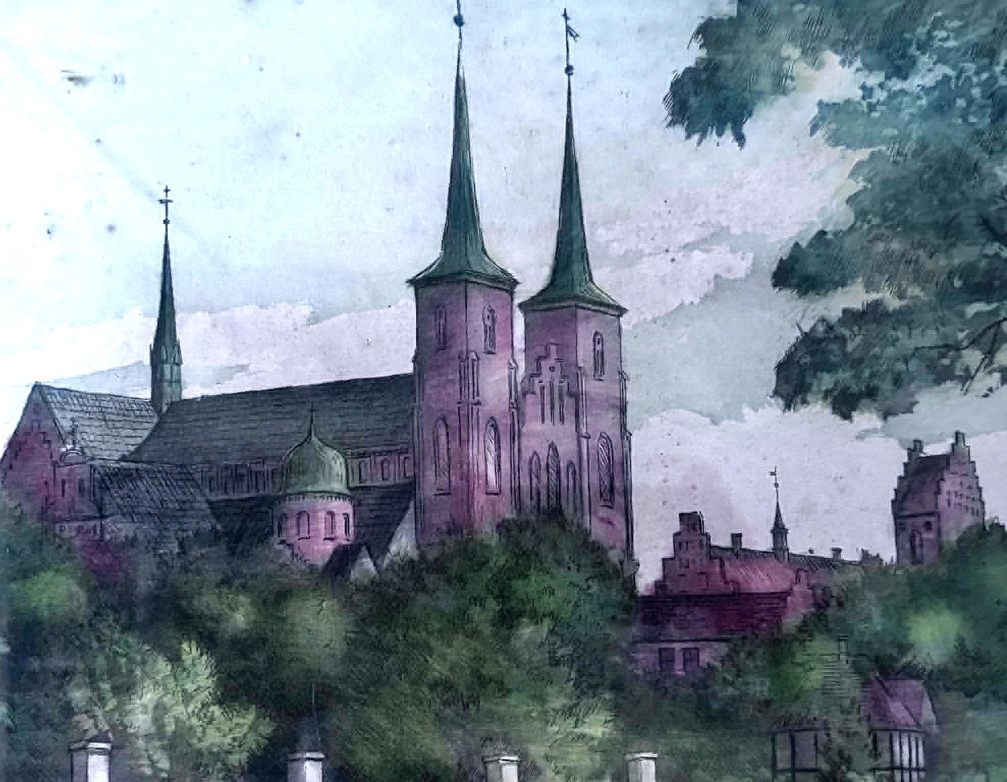 Beautiful vintage color etching with a motif of Roskilde Cathedral, created by Peder Møller (1890-1961)