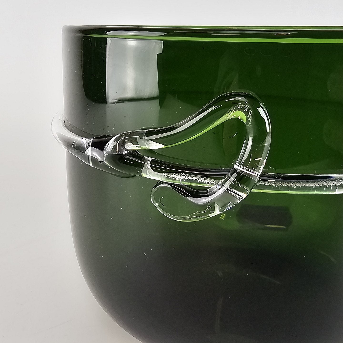 Beautiful Planter in green transparent glass, with a thread of white glass, 1976
