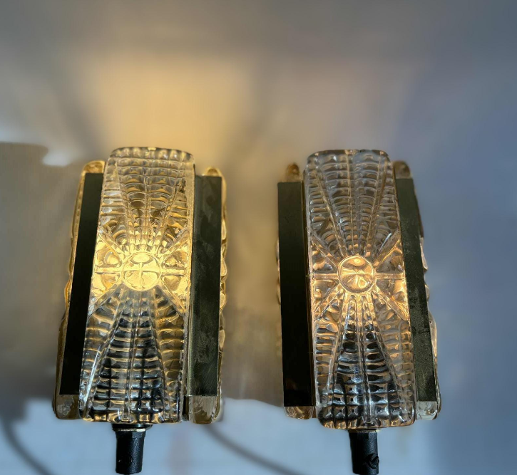 Sconce set Vitrika Aladdin, Brass bases with heavy pressed Amber glass Denmark 1960s