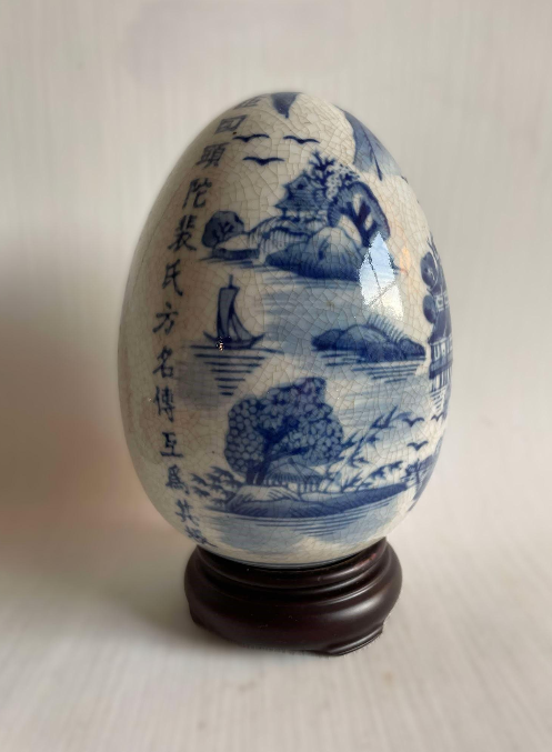 Blue and White Large Chinese Ceramic / Porcelain Egg on Wood Base