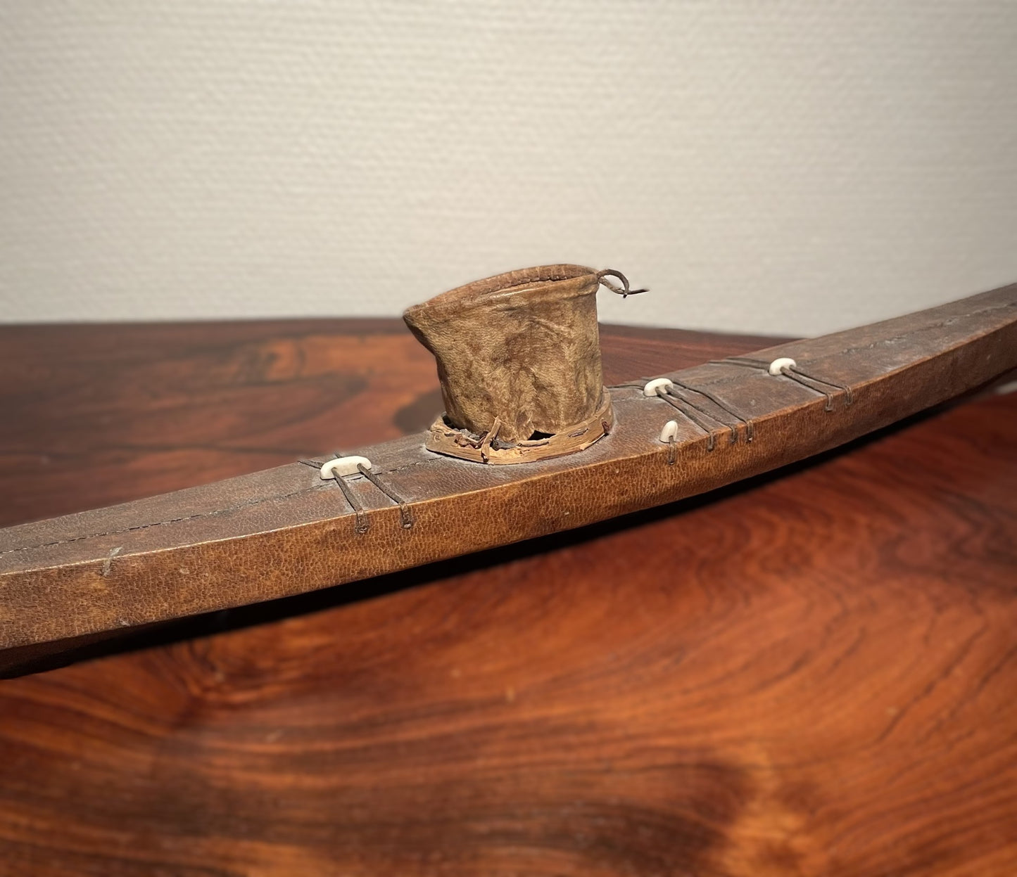 Greenlandic miniature model of kayak, made of leather, bone and wood - no. 030200