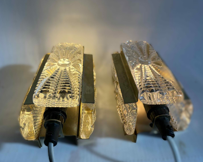 Sconce set Vitrika Aladdin, Brass bases with heavy pressed Amber glass Denmark 1960s